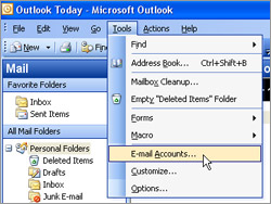 Selecting Email Accounts from the Tools menu